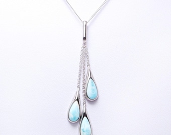 Silver Gemstone Necklace with Natural Larimar Teardrop Pendant Dainty Elegant 925 Sterling Silver Necklace Gift for Women