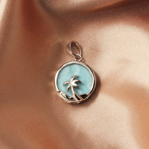 LARIMAR PENDANT, PALM Tree Necklace, Gorgeous Larimar Gemstone Pendant Necklace on Curb Chain - Handmade with Love