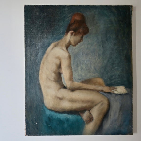 Tableau d'une femme rousse nue sur fond bleu 1970 France, Tableau de nu, Peinture de femme nue
