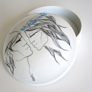 Raymond BIAUSSAT 手描きの大きな磁器丸箱 1970 年 フランス、Grande boite en porcelaine peinte à la main par R. Biaussat