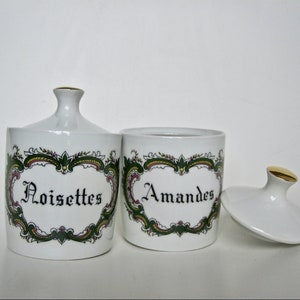 Apothecary jar with Almonds and Hazelnuts mention 1960s Porcelaine de Limoges France, French vintage kitchen, Kitchen porcelain box