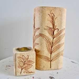 Raymonde LEDUC ceramic vase and candle holder 1970s VALLAURIS France, Vase et porte bougie R. Leduc décor herbier era Capron, J. Hubin