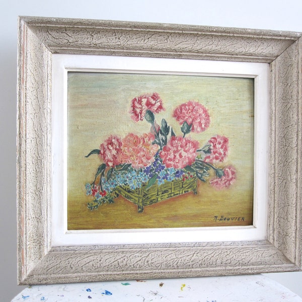 Still life painting representing a pink flowers bouquet, signed 1950s France, Tableau ancien Nature morte bouquet d'oeillet signé R. Bouvier