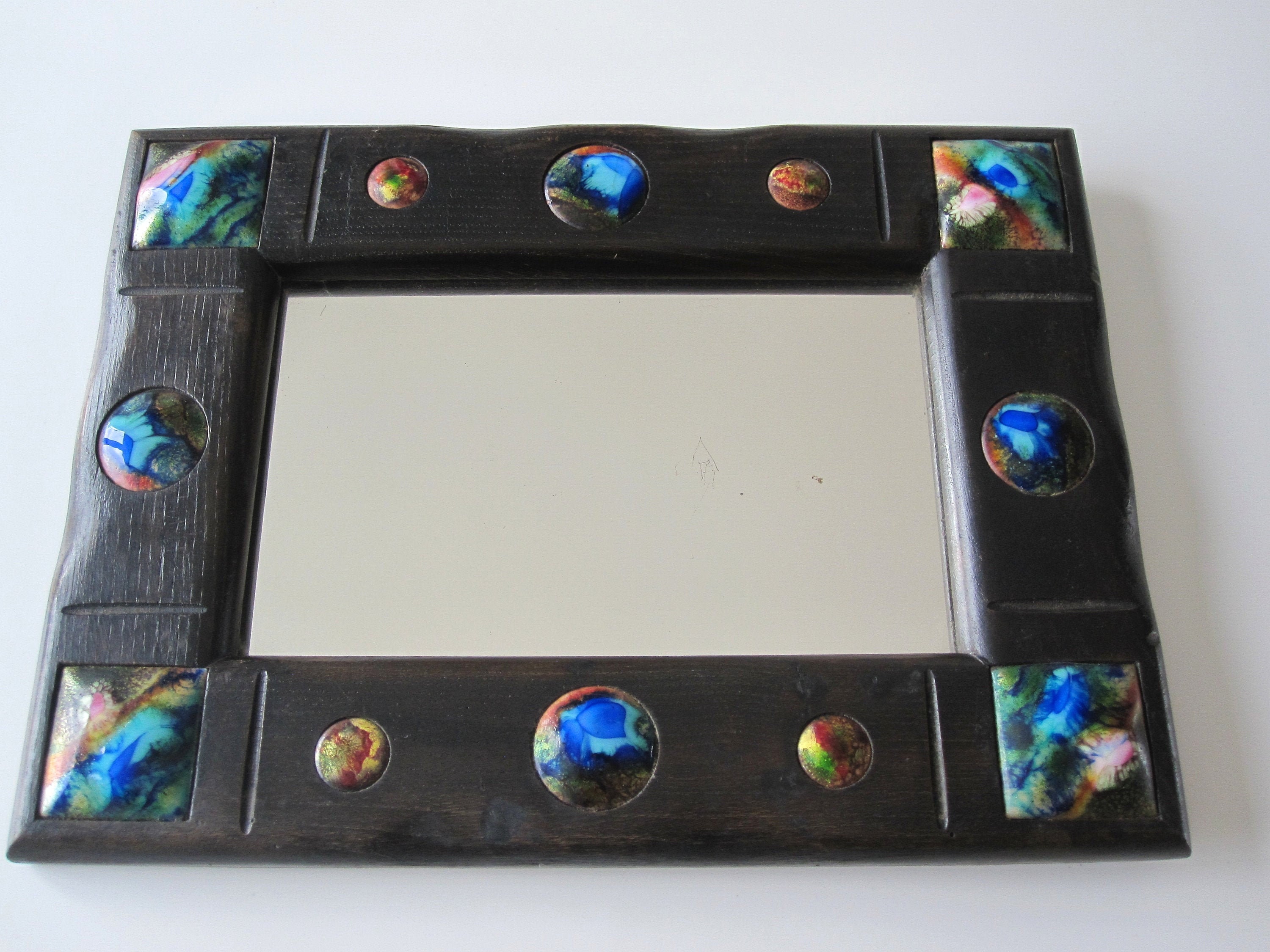 Capo Esmaltes Miroir Rectangle Cadre Bois Foncé avec Décorations d'émaux sur Cuivre Fabriqué en Espa