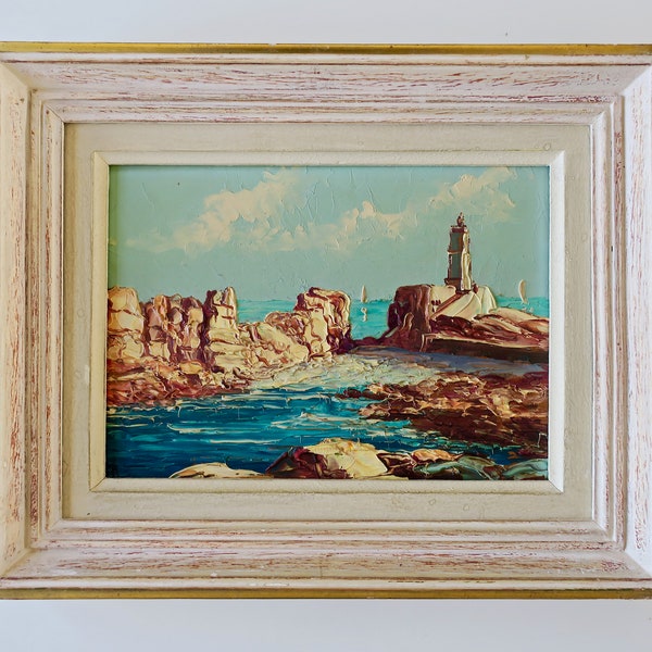 Robert GIOVANI Vintage sea landscape framed painting 1950  France, French School, Tableau Paysage Maritime, Huile au couteau Ile de Bréhat