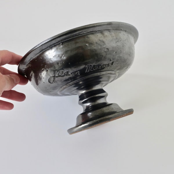 Jean MARAIS Pedestal bowl in black ceramic, signed 1960s Vallauris France, Coupe en faience vernissée noire era Jean Cocteau, Picasso
