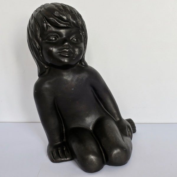 Emiel LASKARIS Black ceramic sculpture of a child 1960 St. Niklaas Belgium era Elie Van Damme, Statue d'une enfant en céramique noire