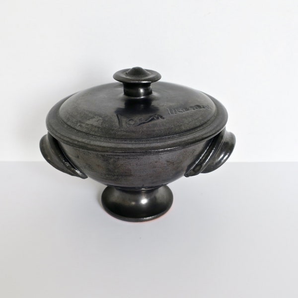 Jean MARAIS Pedestal bowl in black ceramic, signed 1960s Vallauris France, Coupe en faience vernissée noire era Jean Cocteau, Picasso