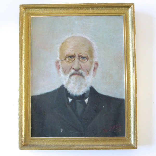 Old man portrait with a golden frame signed 1957 France, Portrait ancien signé d'un vieil homme, Tableau de vieil homme à lunettes