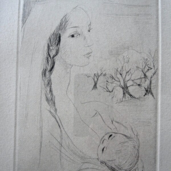 Maternity etching, signed and framed, Mother and child, 1970 France, Belle eaux fortes sur la maternité des années 70