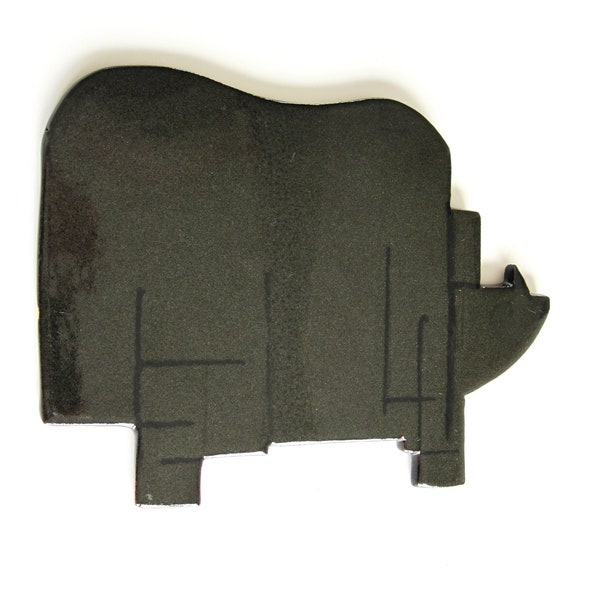 LA MAULDRE French vintage modernist ceramic rhino trivet signed 1960s, Dessous de plat en céramique rhinocéros signé La Mauldre