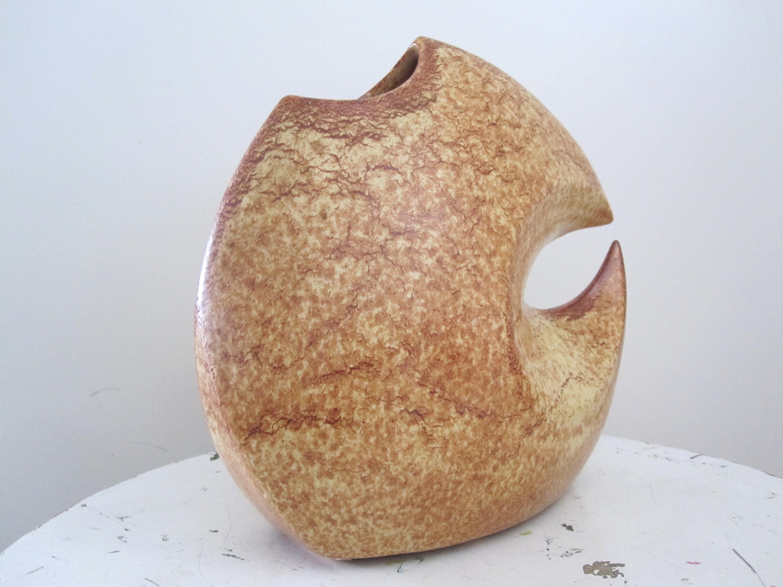 Bertoncello Schiavon Roberto Rigon Vase Forme Libre Glaçage Screziato Tabacco 1960