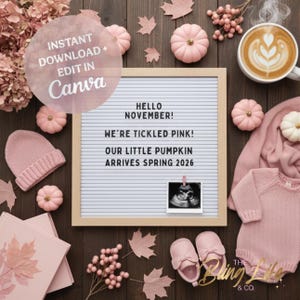 May include: A flat lay featuring a letter board with the text "HELLO NOVEMBER! WE'RE TICKLED PINK! OUR LITTLE PUMPKIN ARRIVES SPRING 2026". The image includes pink pumpkins, a baby sweater, booties, a hat, and a coffee cup.