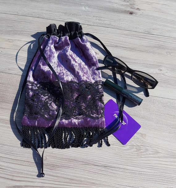 Amethyst Purple Velvet Drawstring Bag Black Beaded Lace Dolly Bag