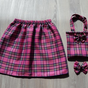 Girls Age 3-4 years Pink Tartan Skirt Set Bag Hairclip Set Royal Stuart Tartan Elasticated Waist Skirt Plaid Scottish Burns Night New Year