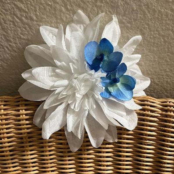 Blue Orchids White Dahlia Extra Large Flower Hairpiece/Fascinator