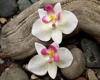 Set of Two Small White Orchid Tropical Hair Clips