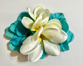 Tropical Tiki Turquoise Delphiniums White Plumerias Flower Hair Clip