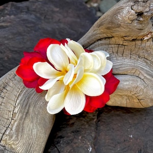 Tropical, Hawaiian, White Plumerias, Red Delphiniums Silk Flower Hair Clip