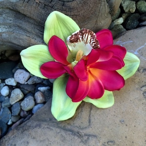 Tiki, Hawaiian, Plumeria Lime Green Orchid Tropical Flower Hair Clip