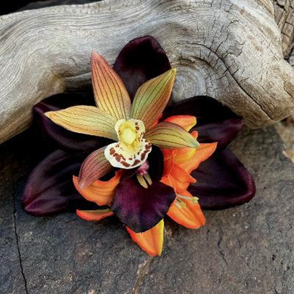 Tropical Hawaiian Polynesian Eggplant Orchid Orange Lily Hairpiece