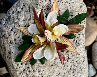 Tropical Tiki Hawaiian Brown/Green Orchids White Plumeria Hairpiece