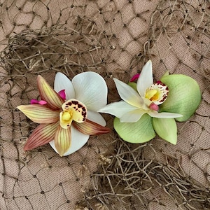 Set of Two Small Tropical Hawaiian Orchids Hair Clips, Lime Green with White and White with Brown/Green