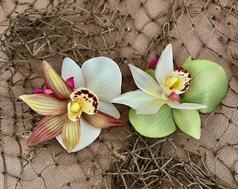 Set of Two Small Tropical Hawaiian Orchids Hair Clips, Lime Green with White and White with Brown/Green