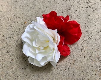 Gardenia and Red Silk Flower Hair Clip