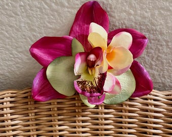 Tropical Orchids Magenta and Green with Plumerias Hair Clip
