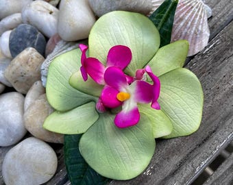 Lime Green Double Orchid Tropical Flower hair clip