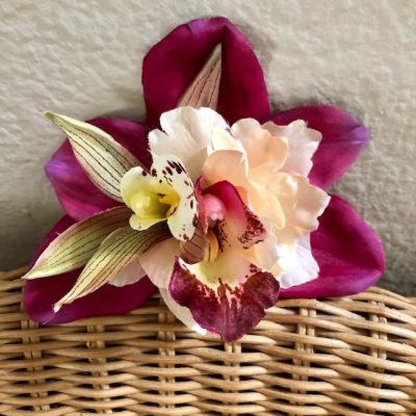Tropical Hawaiian Tiki Magenta Orchid  Flower Hairpiece