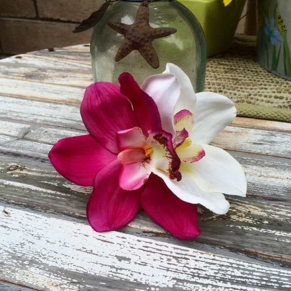 Tropical Fuchsia/Magenta and White Double Orchids Hair Clip