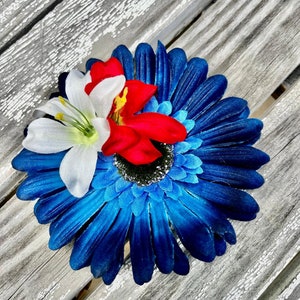Patriotic Blue Gerbera Daisy Red and White Lilies Plumeria Hair Clip