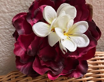 Magenta Peony White Plumerias  Flower Hair Clip