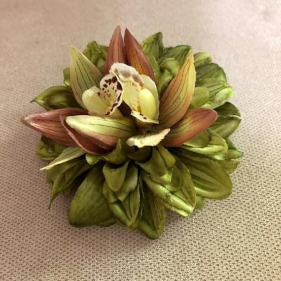 Tropical Tiki Olive Green Pink Orchids Silk Flower Hair Clip