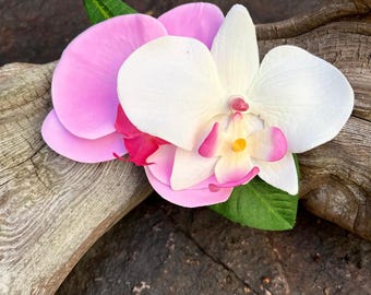 Tropical, Bridal, White and Pink Orchids Flower Hair Clip
