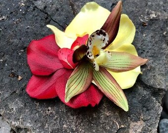 Tropical Orchids Yellow, Red, Brown\Green Silk Flower Hair Clip