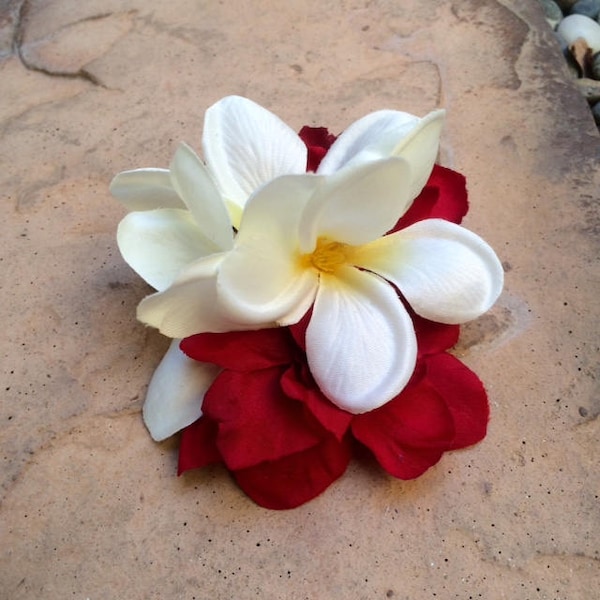 Tropical, Hawaiian, White Plumerias, Red Delphiniums Silk Flower Hair Clip