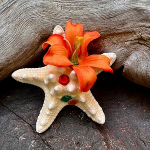 Starfish with Orange Lily and Sparkles Hair Clip