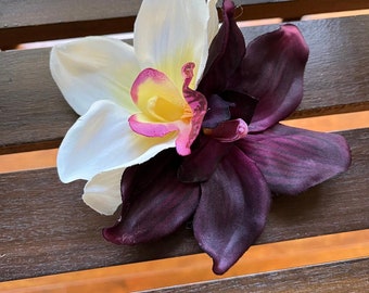 Tropical Orchids White and Eggplant Flower Hair Clip