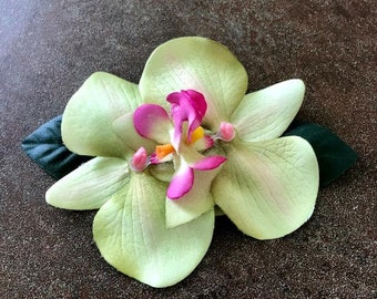 Lime Green Double Orchid Tropical Flower hair clip