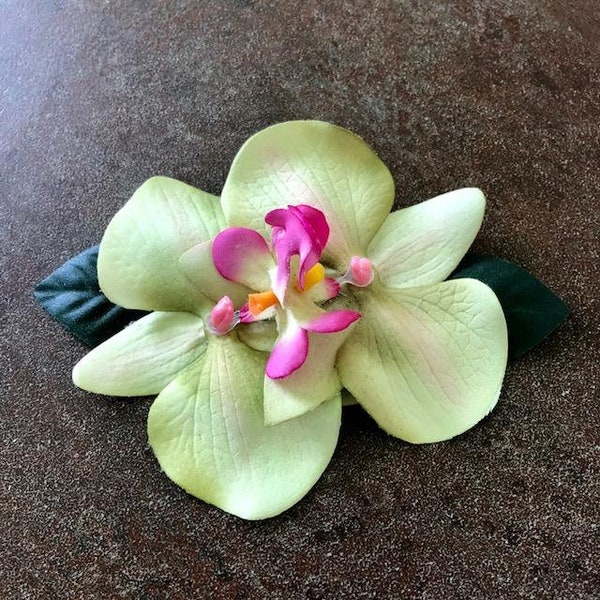 Lime Green Double Orchid Tropical Flower hair clip