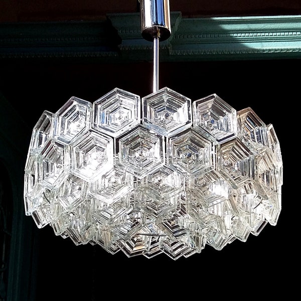 XXL Chandelier Glass Glass PRISMA KRISTALL Chandelier 70s Like Kinkeldey Kalmar Design Clear Glass Hexagons Ceiling Light Pendant Lamp