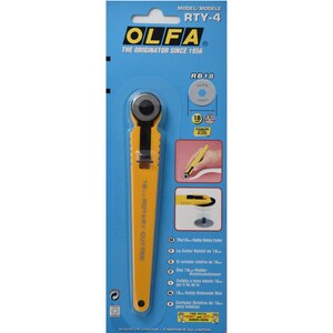 May include: Yellow and black rotary cutter with a 18mm blade. The packaging shows the cutter in use and lists the model number as RTY-4 and RB18. The text on the packaging reads "OLFA The Originator Since 1956".