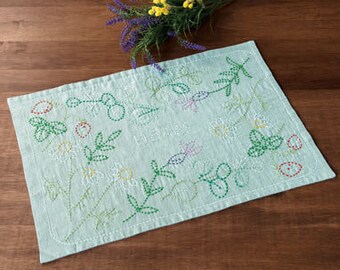 Traditional Japanese Craft Navy Sashiko Sampler Cloth Kit Bird and Plum Flower Design Place Mat