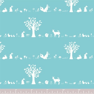Birch Organic Fabrics, Storyboek Drie, Forest Friends Aqua in Knit, 82&quot; (LETZTES STÜCK, Rest, Ende der Schraube)