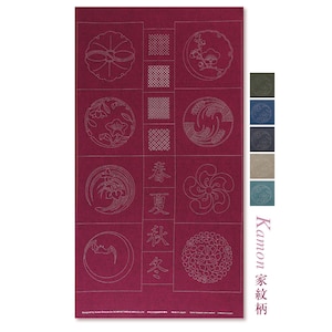 May include: A burgundy fabric panel with white embroidered Japanese family crests, or "kamon", arranged in a grid pattern. The panel is labeled "Kamon 家紋 布" in Japanese characters. The fabric is available in a variety of colors, including dark green, blue, gray, and teal.