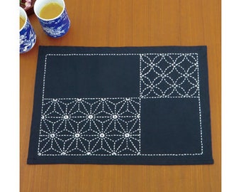 Ready To Stitch **#SK-311 Japanese Sashiko Placemat Kit – Asanoha and Shippo Tsunagi (Indigo, Navy Blue)