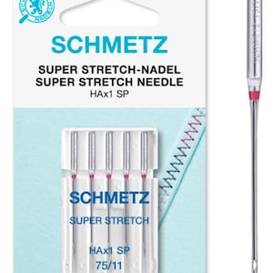 May include: A pack of five silver sewing needles with red tips, labelled "SCHMETZ SUPER STRETCH HAx1 SP 75/11".